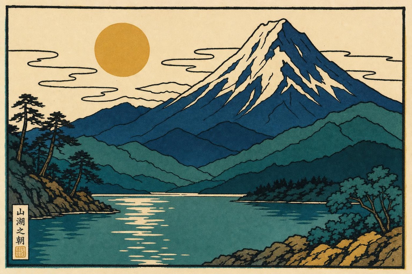 Woodblock-style print of a mountain above a lake at sunrise — a round sun and trailing clouds, in flat blocks of teal, indigo and ochre with bold black outlines.