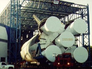 Moving the Saturn V rocket into the building